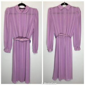 Vintage 70s Sheer Purple Dress with Matching Belt, Peter Pan Collar Lilac (T13)